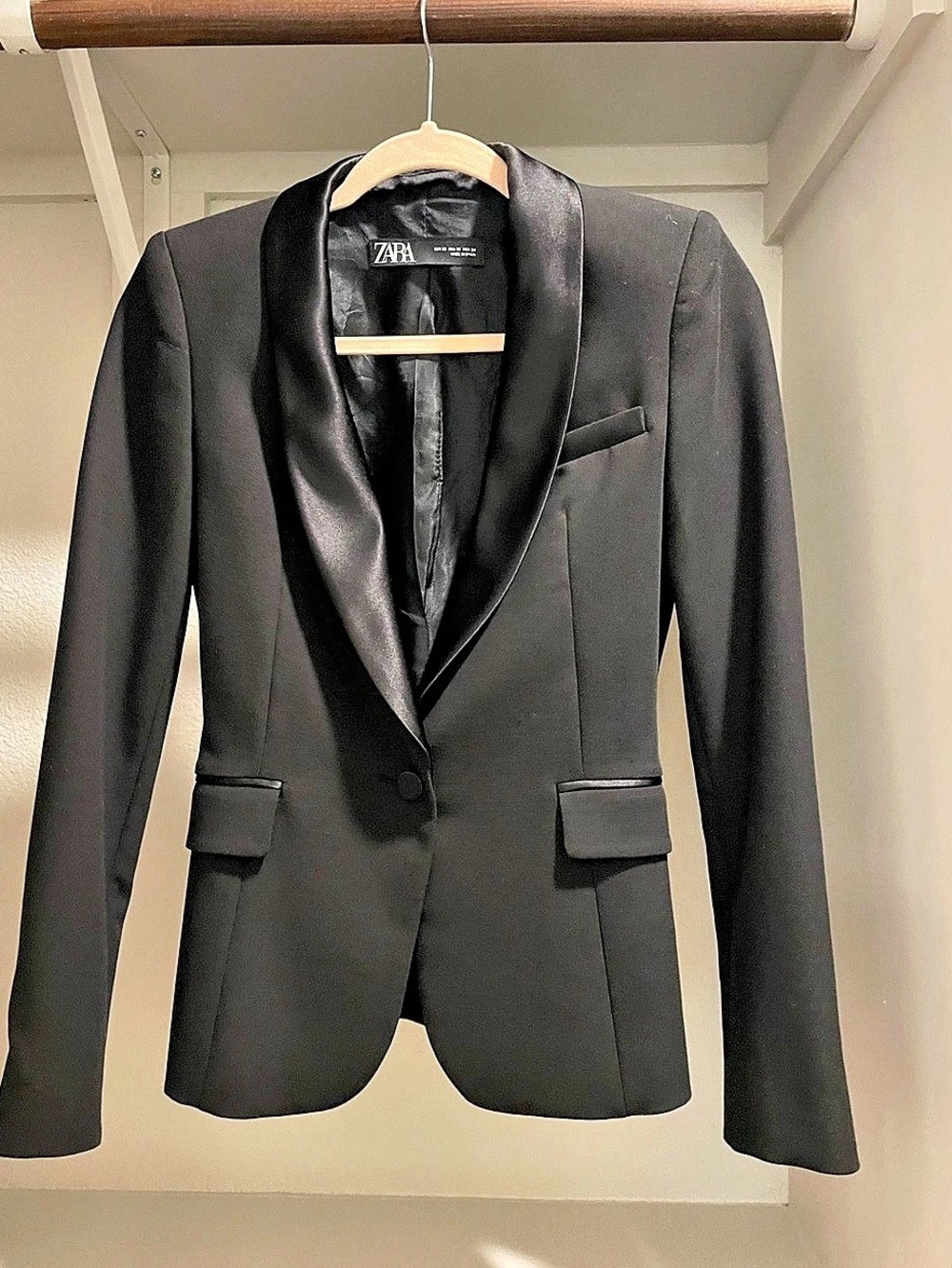 Zara Black Satin Shawl Lapel Tuxedo Blazer